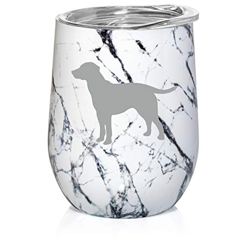 12 oz Double Wall Vacuum Insulated Stainless Steel Marble Stemless Wine Tumbler Glass Coffee Travel Mug With Lid Lab Labrador Retriever (Black White Marble)