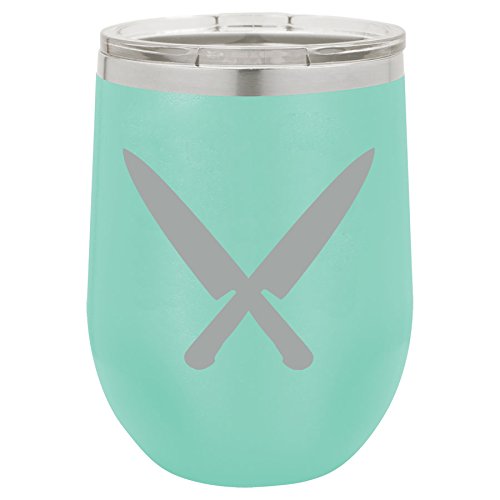 12 oz Double Wall Vacuum Insulated Stainless Steel Stemless Wine Tumbler Glass Coffee Travel Mug With Lid Chef Knives (Teal)