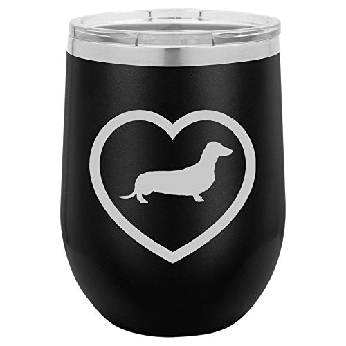 12 oz Double Wall Vacuum Insulated Stainless Steel Stemless Wine Tumbler Glass Coffee Travel Mug With Lid Dachshund Heart (Black)