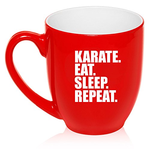 16 oz Large Bistro Mug Ceramic Coffee Tea Glass Cup Karate Eat Sleep Repeat (Red)
