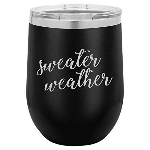 12 oz Double Wall Vacuum Insulated Stainless Steel Stemless Wine Tumbler Glass Coffee Travel Mug With Lid Sweater Weather (Black)