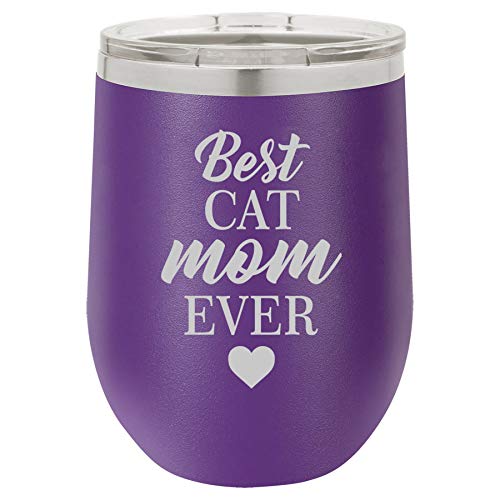 12 oz Double Wall Vacuum Insulated Stainless Steel Stemless Wine Tumbler Glass Coffee Travel Mug With Lid Best Cat Mom Ever Mother (Purple)