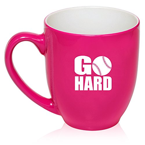 16 oz Large Bistro Mug Ceramic Coffee Tea Glass Cup Go Hard Baseball Softball (Hot Pink)
