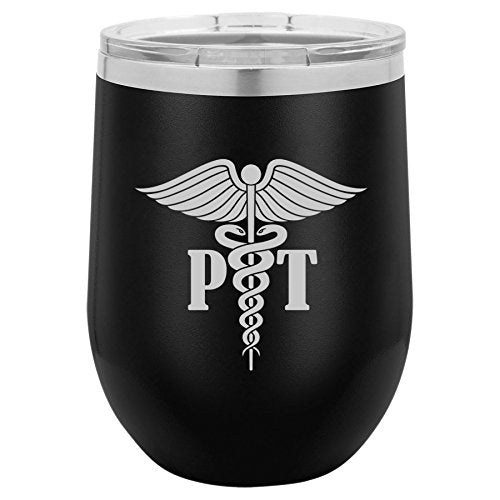 12 oz Double Wall Vacuum Insulated Stainless Steel Stemless Wine Tumbler Glass Coffee Travel Mug With Lid PT Physical Therapy Therapist (Black)