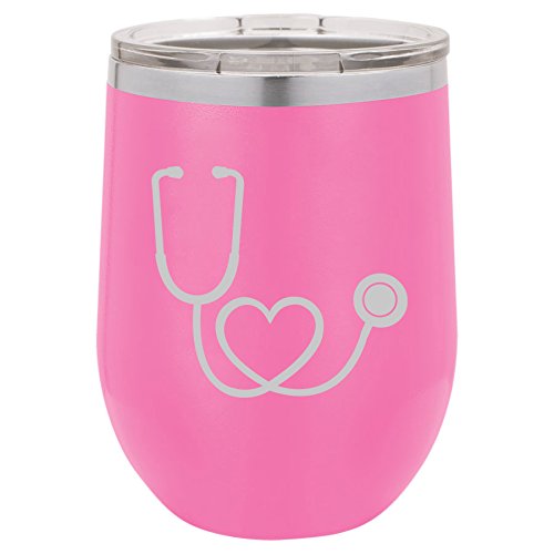 12 oz Double Wall Vacuum Insulated Stainless Steel Stemless Wine Tumbler Glass Coffee Travel Mug With Lid Heart Stethoscope Nurse (Hot-Pink)