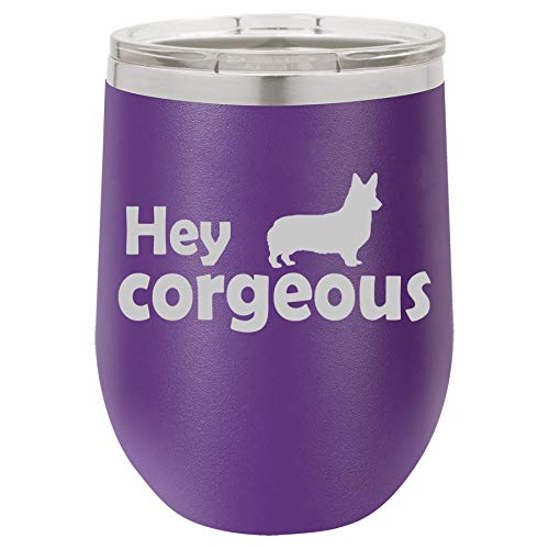 12 oz Double Wall Vacuum Insulated Stainless Steel Stemless Wine Tumbler Glass Coffee Travel Mug With Lid Hey Corgeous Corgi Funny Gorgeous (Purple)