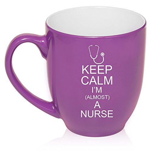 16 oz Large Bistro Mug Ceramic Coffee Tea Glass Cup Keep Calm I'm Almost A Nurse (Purple)