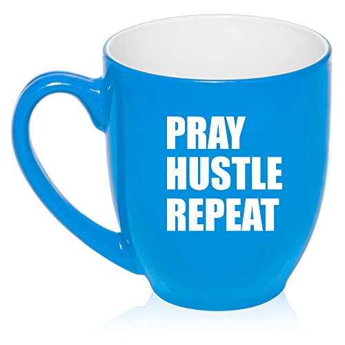 16 oz Large Bistro Mug Ceramic Coffee Tea Glass Cup Pray Hustle Repeat (Light Blue)
