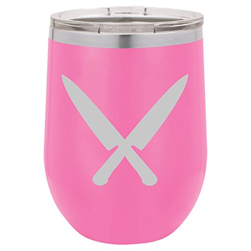 12 oz Double Wall Vacuum Insulated Stainless Steel Stemless Wine Tumbler Glass Coffee Travel Mug With Lid Chef Knives (Hot-Pink)