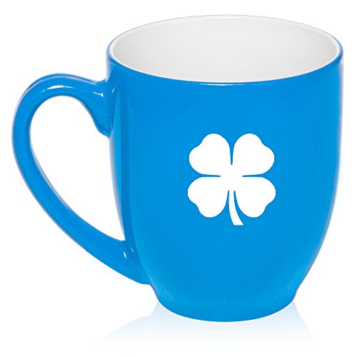 16 oz Large Bistro Mug Ceramic Coffee Tea Glass Cup Four Leaf Clover Shamrock (Light Blue)