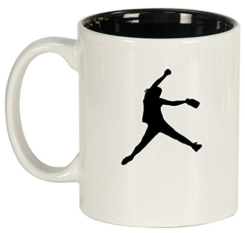 Ceramic Coffee Tea Mug Cup Female Softball Pitcher (White)