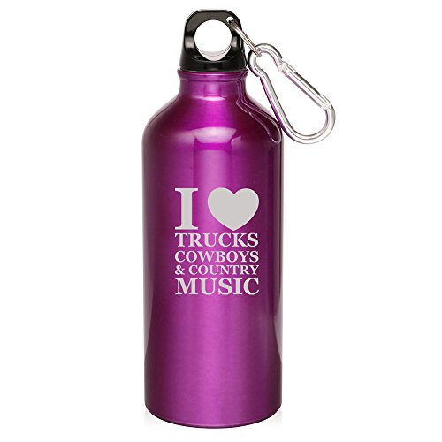 20oz Aluminum Sports Water Bottle Caribiner Clip I Love Trucks Cowboys Country Music (Purple)