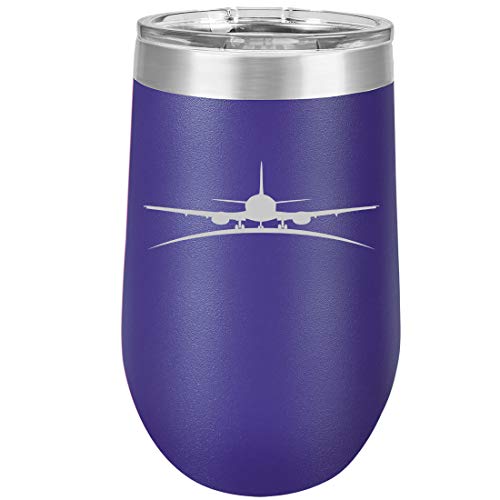 16 oz Double Wall Vacuum Insulated Stainless Steel Stemless Wine Tumbler Glass Coffee Travel Mug With Lid Airplane (Purple)