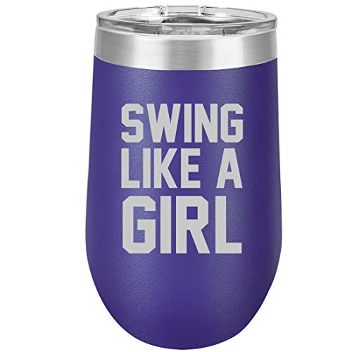 16 oz Double Wall Vacuum Insulated Stainless Steel Stemless Wine Tumbler Glass Coffee Travel Mug With Lid Swing Like A Girl Golf Softball Kettlebell (Purple)