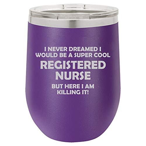 12 oz Double Wall Vacuum Insulated Stainless Steel Stemless Wine Tumbler Glass Coffee Travel Mug With Lid Registered Nurse RN Killing It Funny (Purple)