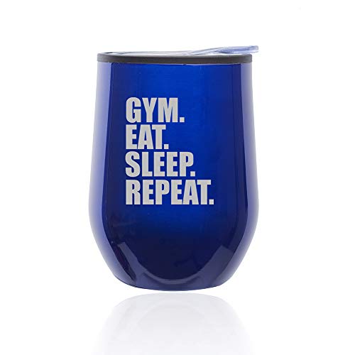 Stemless Wine Tumbler Coffee Travel Mug Glass With Lid Gym Eat Sleep Repeat (Blue)