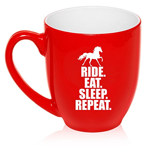 16 oz Large Bistro Mug Ceramic Coffee Tea Glass Cup Horse Ride Eat Sleep Repeat (Red)