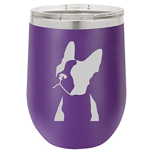 12 oz Double Wall Vacuum Insulated Stainless Steel Stemless Wine Tumbler Glass Coffee Travel Mug With Lid Boston Terrier Face (Purple)