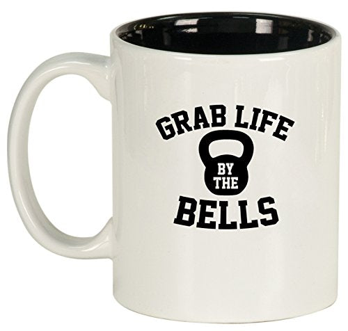 Ceramic Coffee Tea Mug Grab Life By The Bells Kettlebell Funny Workout Fitness (White)