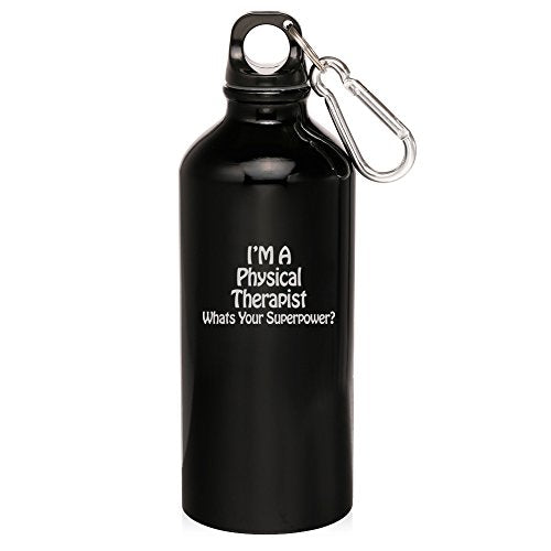 20oz Aluminum Sports Water Bottle Caribiner Clip Physical Therapist Super Power (Black)