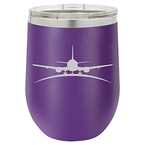 12 oz Double Wall Vacuum Insulated Stainless Steel Stemless Wine Tumbler Glass Coffee Travel Mug With Lid Airplane Pilot Flight Attendant (Purple)