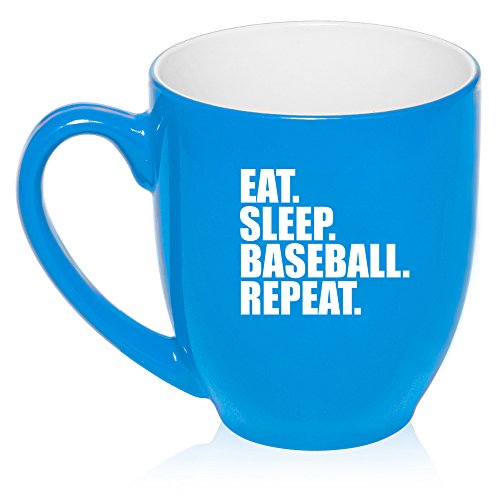 16 oz Large Bistro Mug Ceramic Coffee Tea Glass Cup Eat Sleep Baseball Repeat (Light Blue)