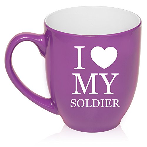 16 oz Large Bistro Mug Ceramic Coffee Tea Glass Cup I Love My Soldier (Purple)