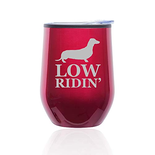 Stemless Wine Tumbler Coffee Travel Mug Glass With Lid Low Ridin' Dachshund (Fuchsia)