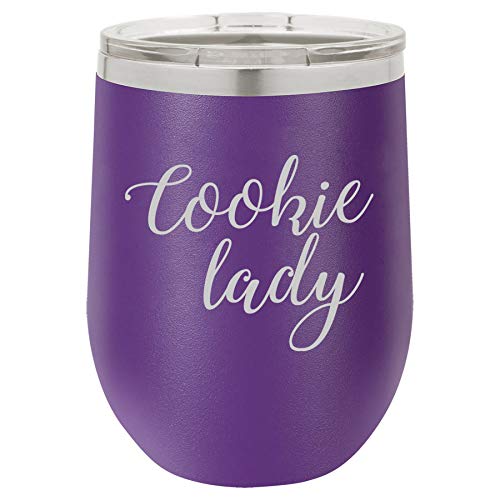 12 oz Double Wall Vacuum Insulated Stainless Steel Stemless Wine Tumbler Glass Coffee Travel Mug With Lid Cookie Lady (Purple)