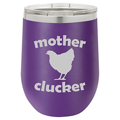 12 oz Double Wall Vacuum Insulated Stainless Steel Stemless Wine Tumbler Glass Coffee Travel Mug With Lid Mother Clucker Hen Chicken Funny (Purple)