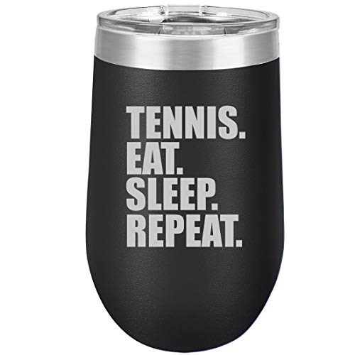 16 oz Double Wall Vacuum Insulated Stainless Steel Stemless Wine Tumbler Glass Coffee Travel Mug With Lid Tennis Eat Sleep Repeat (Black)