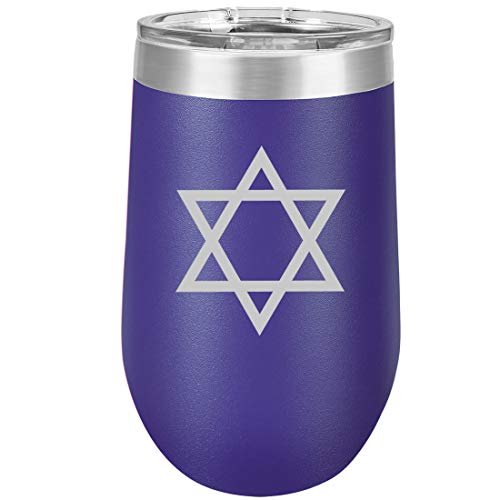 16 oz Double Wall Vacuum Insulated Stainless Steel Stemless Wine Tumbler Glass Coffee Travel Mug With Lid Jewish Star Of David (Purple)