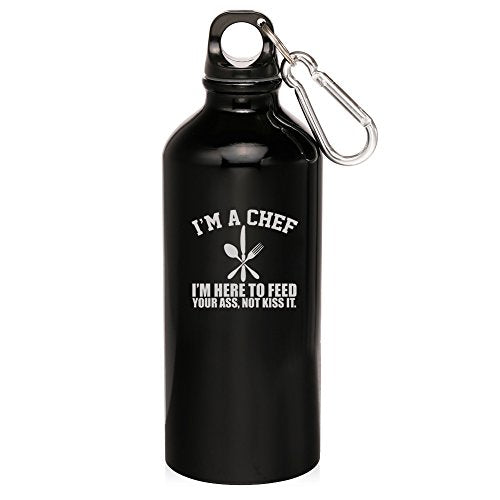 20oz Aluminum Sports Water Bottle Caribiner Clip Chef Here To Feed You (Black)