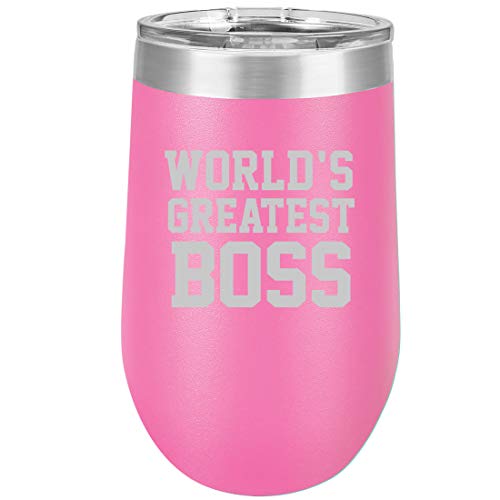 16 oz Double Wall Vacuum Insulated Stainless Steel Stemless Wine Tumbler Glass Coffee Travel Mug With Lid World's Greatest Boss (Hot Pink)