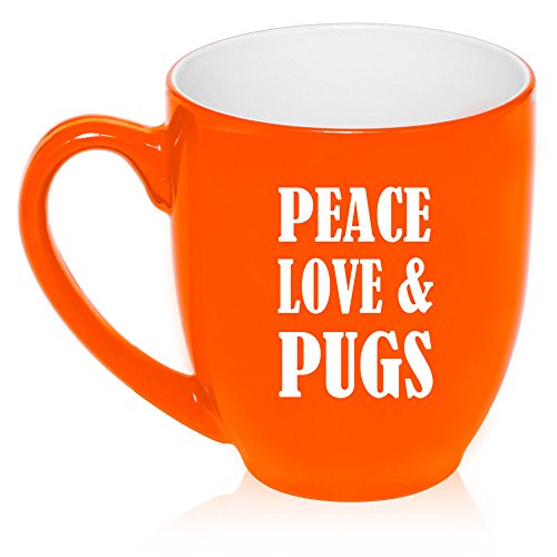16 oz Large Bistro Mug Ceramic Coffee Tea Glass Cup Peace Love & Pugs (Orange)