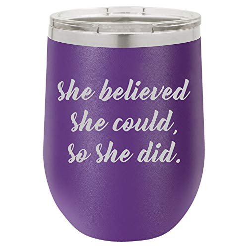 12 oz Double Wall Vacuum Insulated Stainless Steel Stemless Wine Tumbler Glass Coffee Travel Mug With Lid She Believed She Could So She Did (Purple)