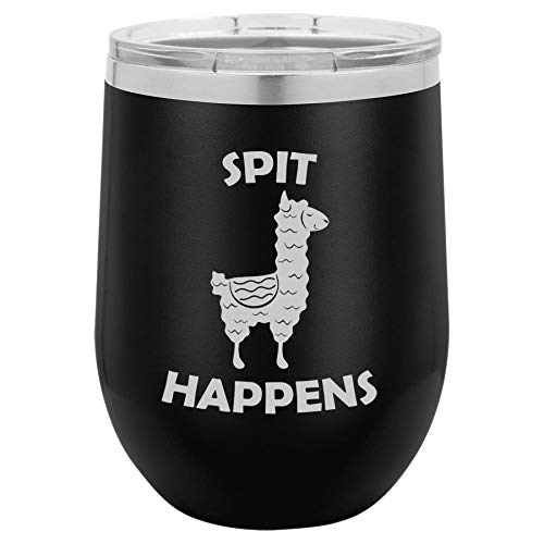 12 oz Double Wall Vacuum Insulated Stainless Steel Stemless Wine Tumbler Glass Coffee Travel Mug With Lid Spit Happens Funny Llama (Black)