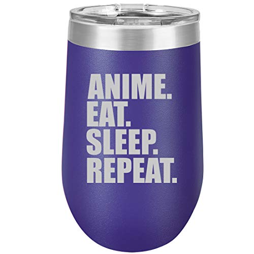 16 oz Double Wall Vacuum Insulated Stainless Steel Stemless Wine Tumbler Glass Coffee Travel Mug With Lid Anime Eat Sleep Repeat (Purple)