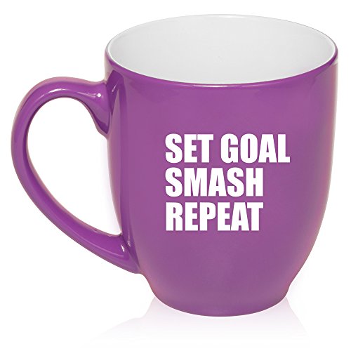 16 oz Large Bistro Mug Ceramic Coffee Tea Glass Cup Set Goal Smash Repeat Motivational Graduation (Purple)