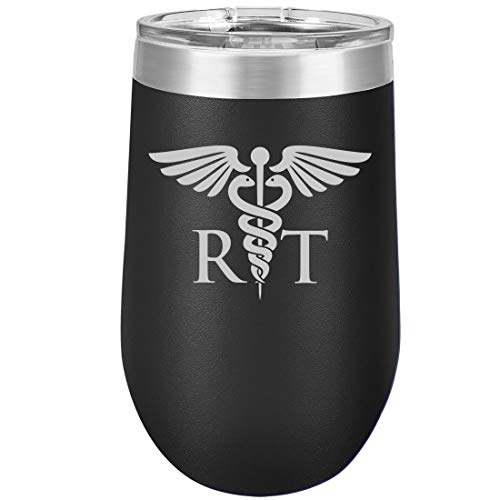16 oz Double Wall Vacuum Insulated Stainless Steel Stemless Wine Tumbler Glass Coffee Travel Mug With Lid RT Respiratory Therapist (Black)