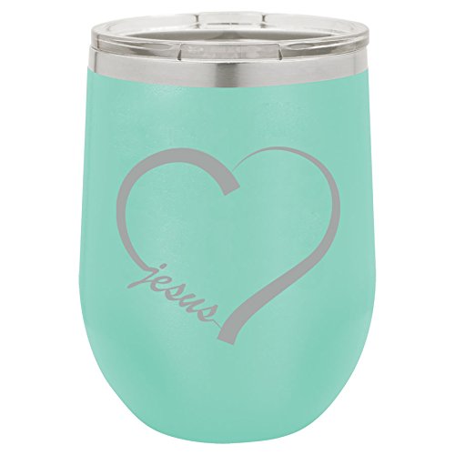 12 oz Double Wall Vacuum Insulated Stainless Steel Stemless Wine Tumbler Glass Coffee Travel Mug With Lid Love Heart Jesus (Teal)