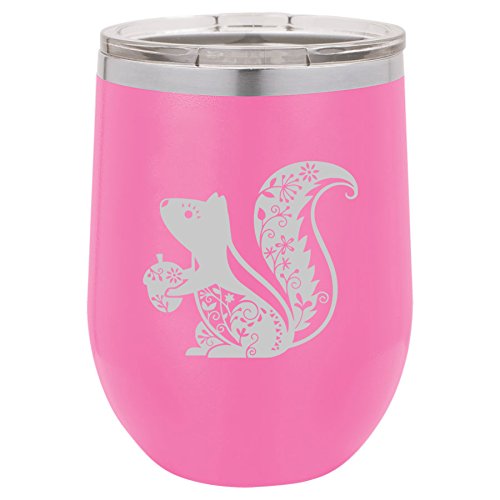 12 oz Double Wall Vacuum Insulated Stainless Steel Stemless Wine Tumbler Glass Coffee Travel Mug With Lid Fancy Squirrel (Hot-Pink)