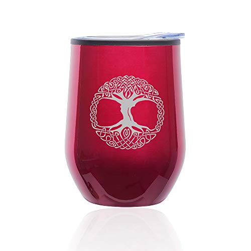 Stemless Wine Tumbler Coffee Travel Mug Glass With Lid Celtic Tree Of Life Irish (Fuchsia)