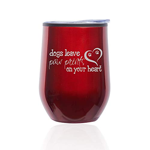 Stemless Wine Tumbler Coffee Travel Mug Glass With Lid Dogs Leave Paw Prints (Red)