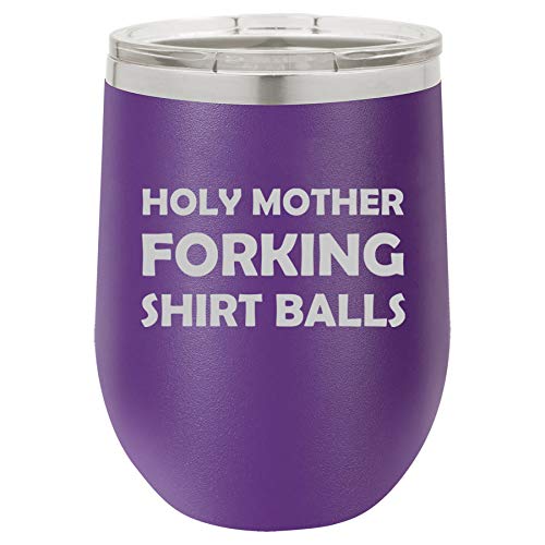 12 oz Double Wall Vacuum Insulated Stainless Steel Stemless Wine Tumbler Glass Coffee Travel Mug With Lid Holy Mother Forking Shirt Balls Funny (Purple)