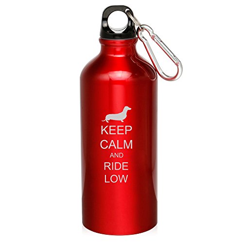 20oz Aluminum Sports Water Bottle Caribiner Clip Keep Calm and Ride Low Dachshund (Red)