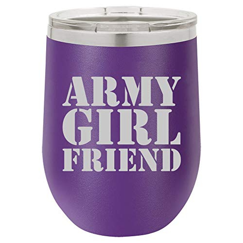 12 oz Double Wall Vacuum Insulated Stainless Steel Stemless Wine Tumbler Glass Coffee Travel Mug With Lid Army Girlfriend (Purple)