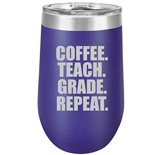 16 oz Double Wall Vacuum Insulated Stainless Steel Stemless Wine Tumbler Glass Coffee Travel Mug With Lid Coffee Teach Grade Repeat Teacher (Purple)