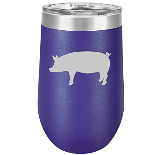 16 oz Double Wall Vacuum Insulated Stainless Steel Stemless Wine Tumbler Glass Coffee Travel Mug With Lid Pig (Purple)