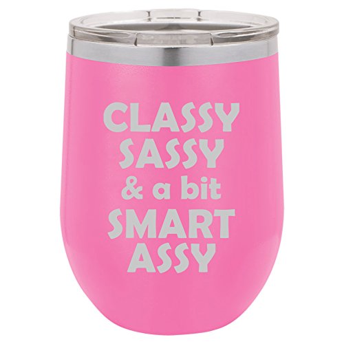 12 oz Double Wall Vacuum Insulated Stainless Steel Stemless Wine Tumbler Glass Coffee Travel Mug With Lid Classy Sassy And A Bit Smart Assy (Hot-Pink)